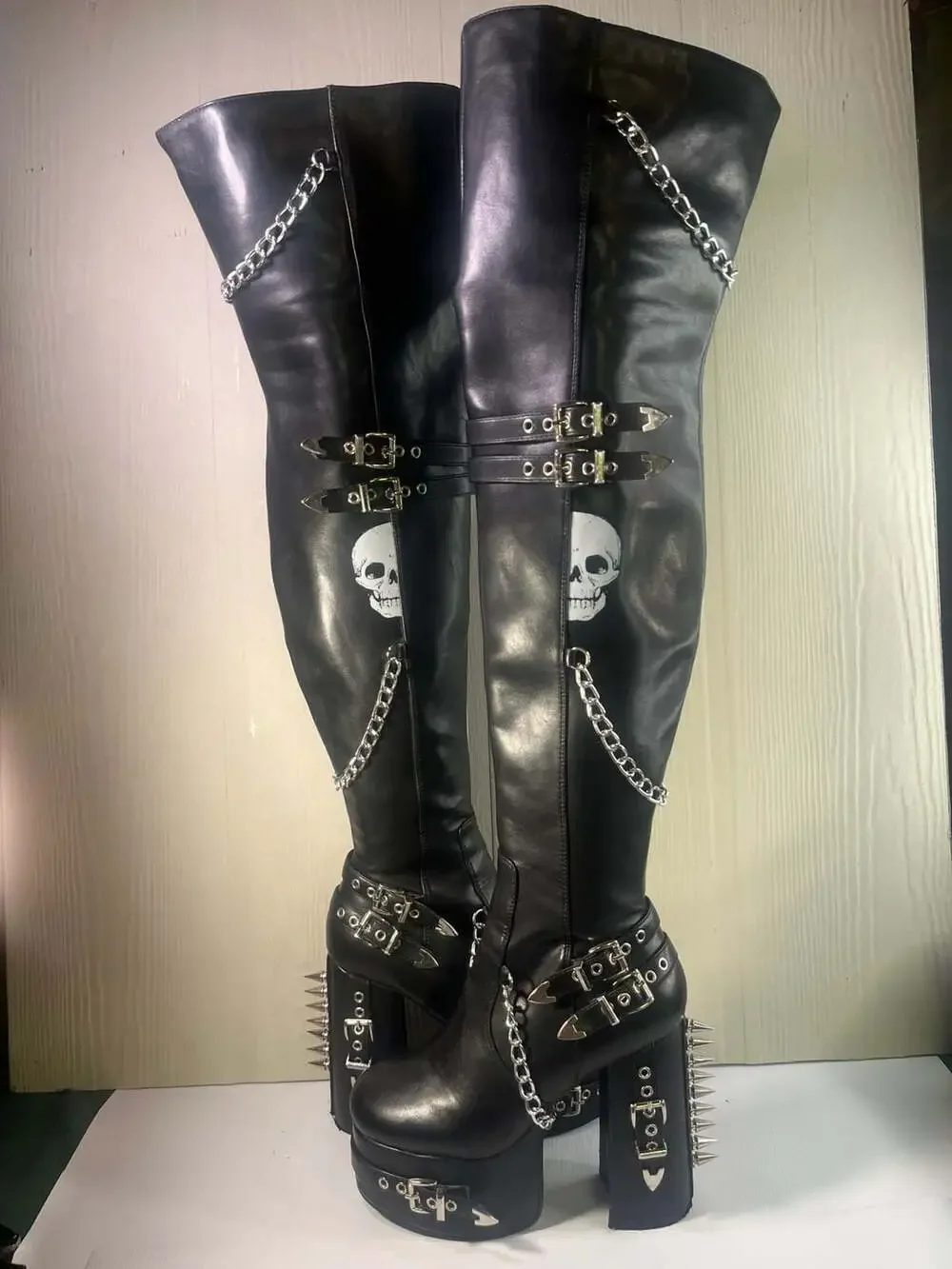 Lamoda Scream Platform Thigh High Boots with Chains and Studs